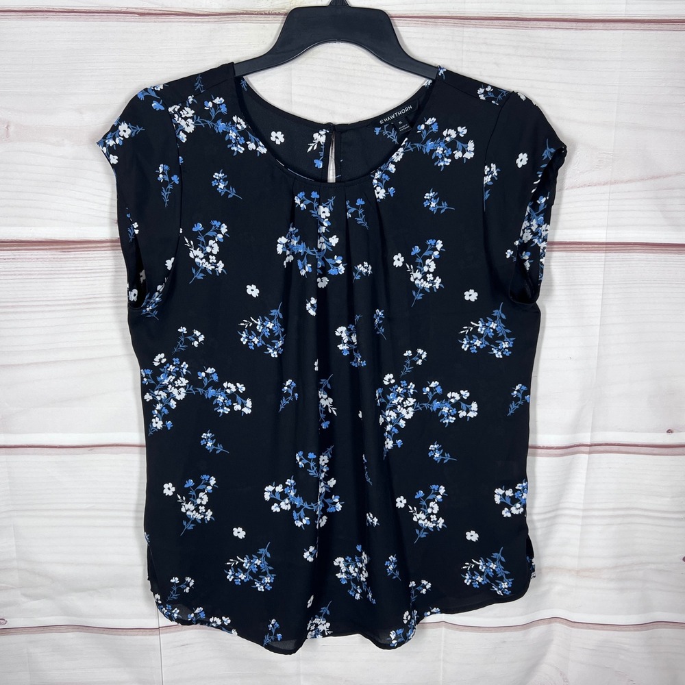 41 Hawthorn Blouse Womens XL Black Floral Cap Sleeve Pleated Front Top Office